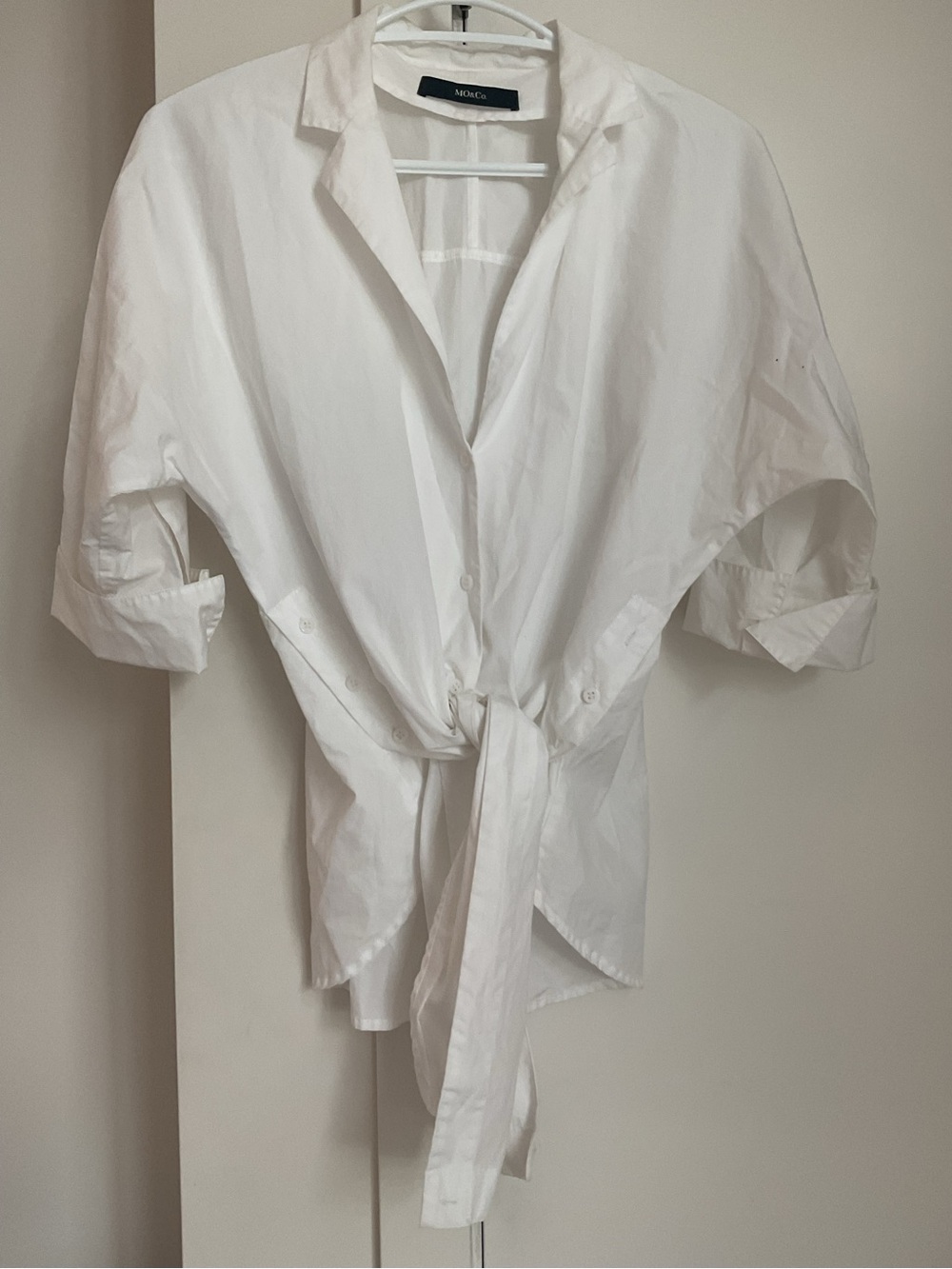 MO&Co Vintage Crisp Cream 100% Cotton Button-Front Tie Shirt